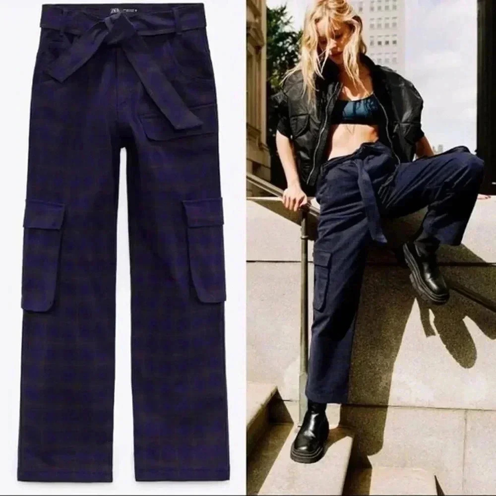 Zara Blue Plaid High Waisted Cargo Loose Pants Size Medium